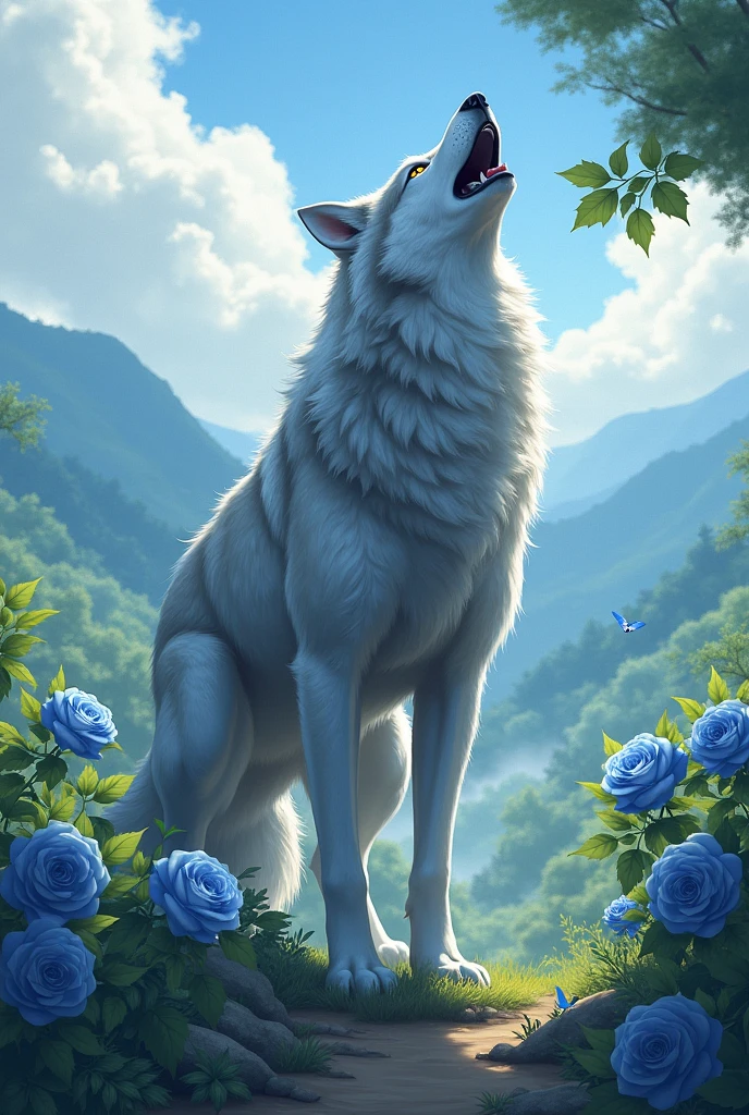 Wolf、Barking、summer、Japanese countryside、[Detail of blue roses looking like smoke in the background]
