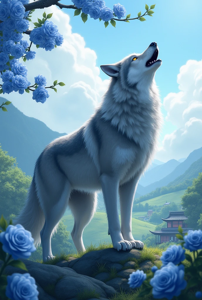 Wolf、Barking、summer、Japanese countryside、[Detail of blue roses looking like smoke in the background]
