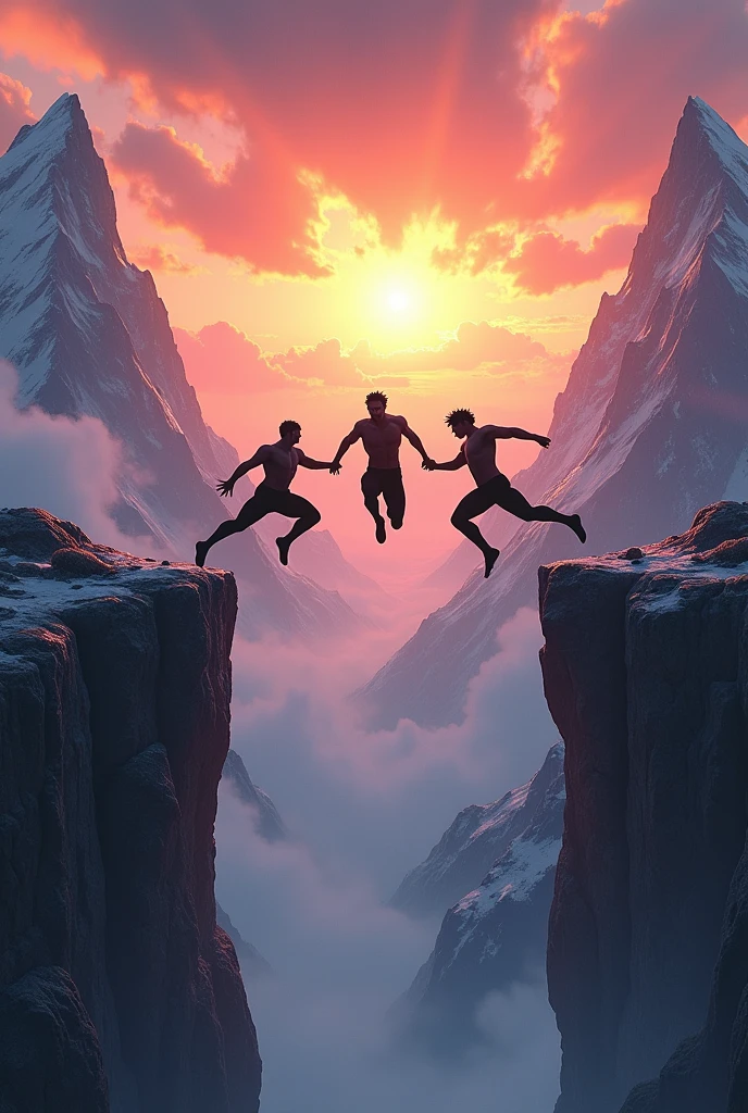 Create an image of a 3 black-haired man, jumping from one edge of a mountain to the right to another edge, with a sunset in the background