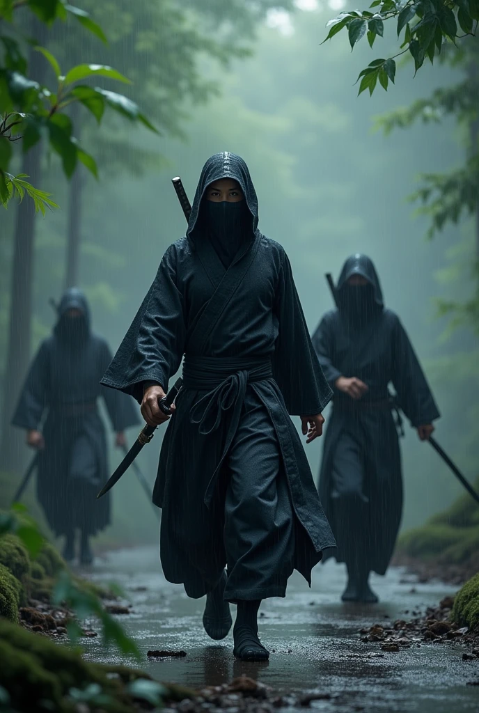 Ninja from Japan training with other ninjas in the rain