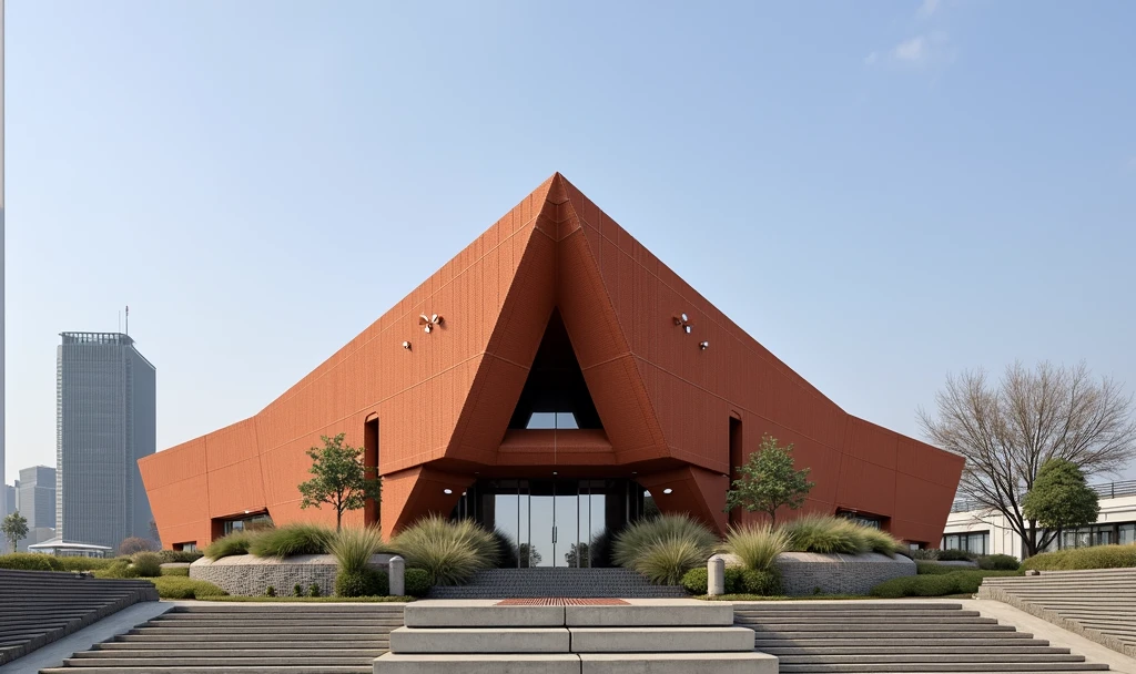 Futuristic design of office building, brick color, in a small town, cloudy weather, super realistic photo, high resolution