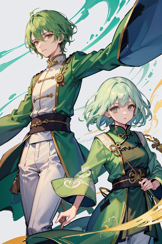 One person、Green Hair、Her hair is short、Fighter、Young man、Uniform、Chinese Knight、Chinese style、White background、No exposure、China dress、pants、band、front、White clothes、Kung Fu、Uniform、Dragon Embroidery