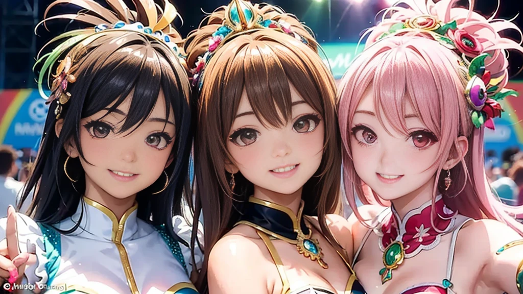 Masterpiece, super high quality anime style illustration, 8K, Samba Carnival in Rio de Janeiro. Very cute dancers 1, two cute girls, joyful smiles, highly detailed faces, brown eyes, pink lips, natural makeup, close-up of faces.