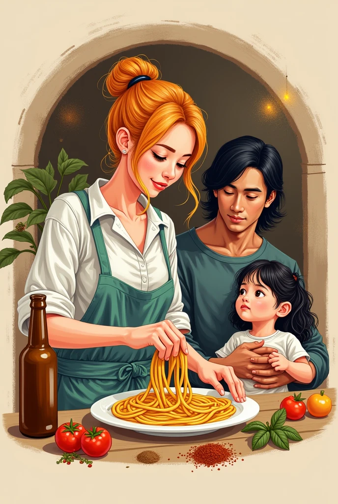 Create a logo with design references "One piece" for a restaurant with oriental characteristics, Italian Pastry Mass, Indian spices, Brazilian family, store name written "PraJapa" and a bottle of beer. Four characters: a woman with tied-up coppery blonde hair and amber eyes making pasta at a table, a Japanese man with shoulder-length black hair holding a  girl and a chilh dark blonde wavy hair with highlights.