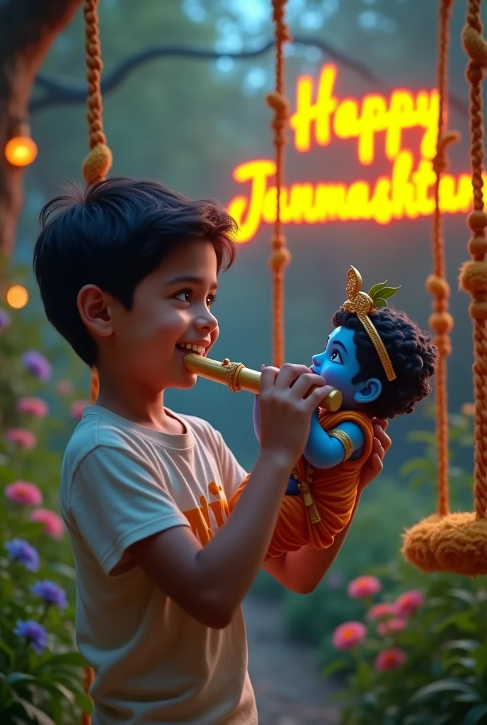 God kanha and playing in rain  lotus peacock caw flower 