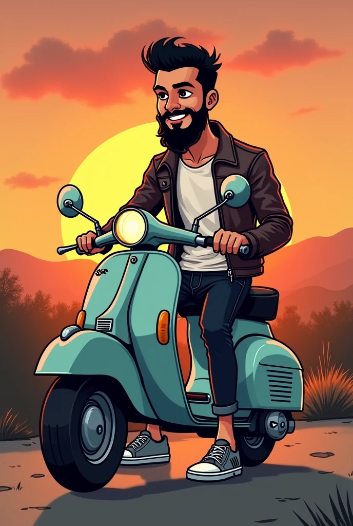 I want a picture of a cartoon-type boy on a classic dark green matte Vespa motorbike, the boy has a short black beard , thin eyebrows, black eyes, short black hair, square face, the photo in a background landscape with a sunset, Biker photo type the guy with a leather jacket and a white t-shirt inside, The black leather jacket half open revealing the t-shirt, black jeans and vans shoes , the thin boy. He has black rings on both ring fingers of his hands.. 