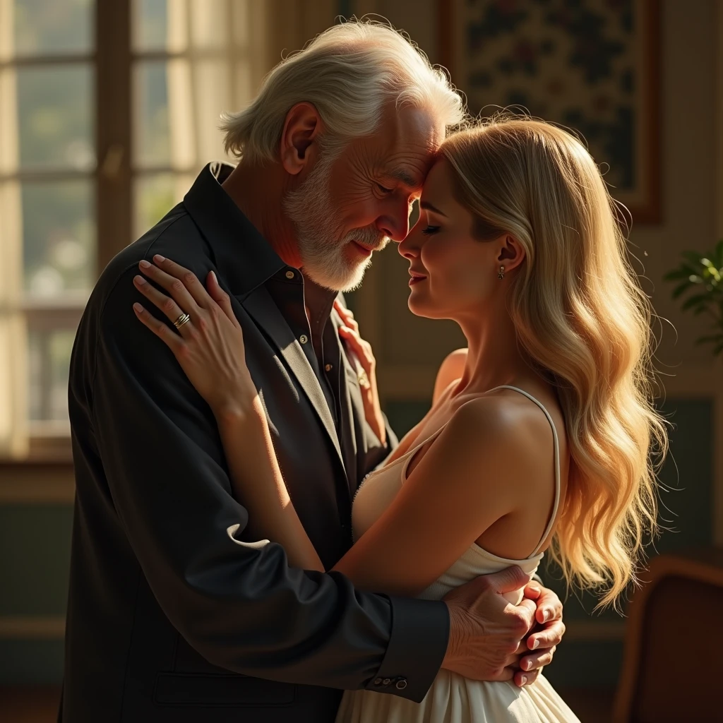 80 year old man hugging beautiful 1 blonde woman and seducing her.