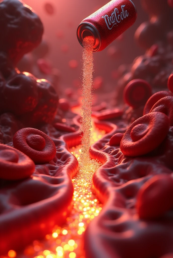 "An animation of sugar entering the blood, with a Coca-Cola can being poured.