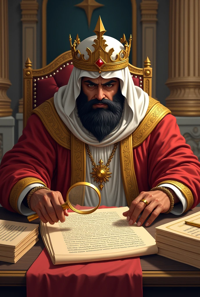 An illustration of King Ali investigating the case, with a magnifying glass and scrolls, highlighting his dedication to justice.