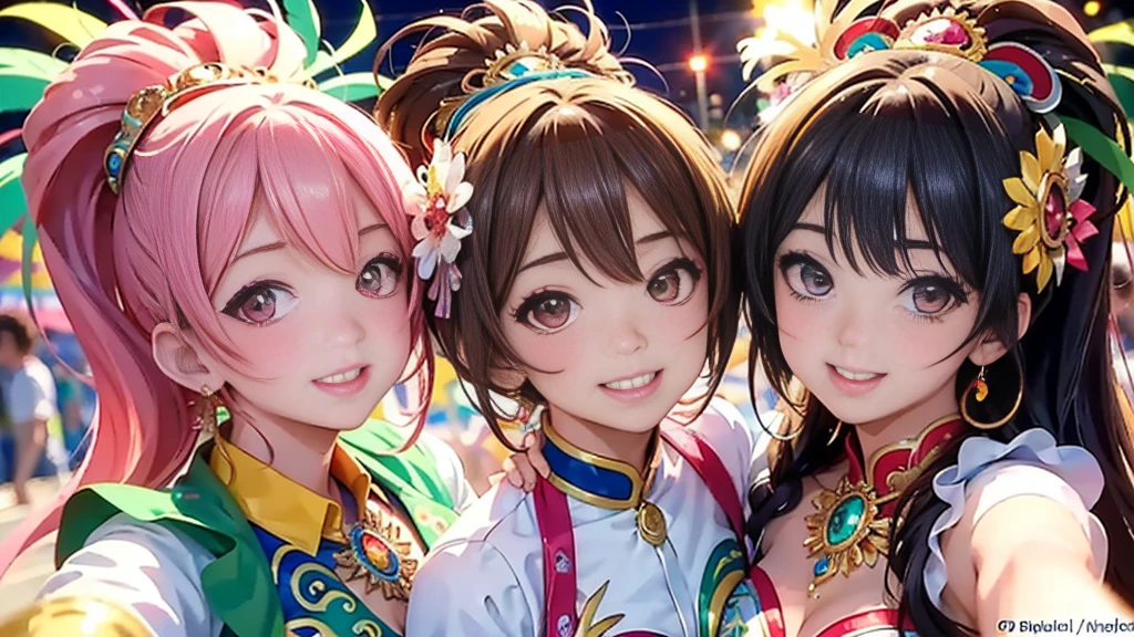 Masterpiece, super high quality anime style illustration, 8K, Samba Carnival in Rio de Janeiro. Very cute dancers 1, two cute girls, joyful smiles, highly detailed faces, brown eyes, pink lips, natural makeup, close-up of faces.