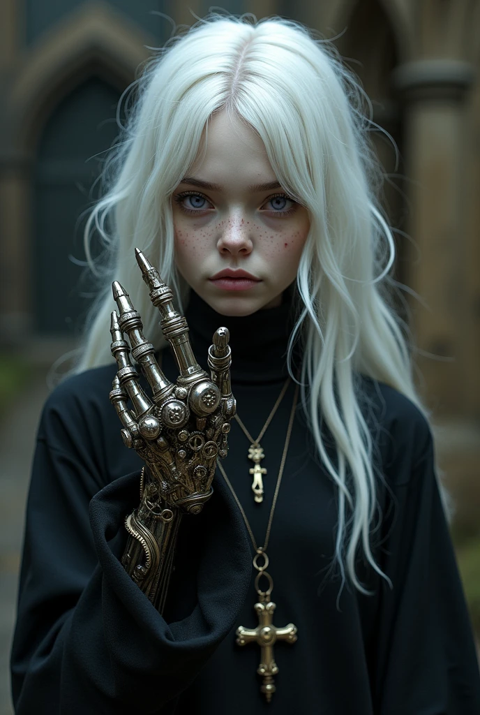 Middle Ages Albino, with white hair violet eyes soft freckles, you came in black with a cross necklace and a mechanical hand with steampunk technology