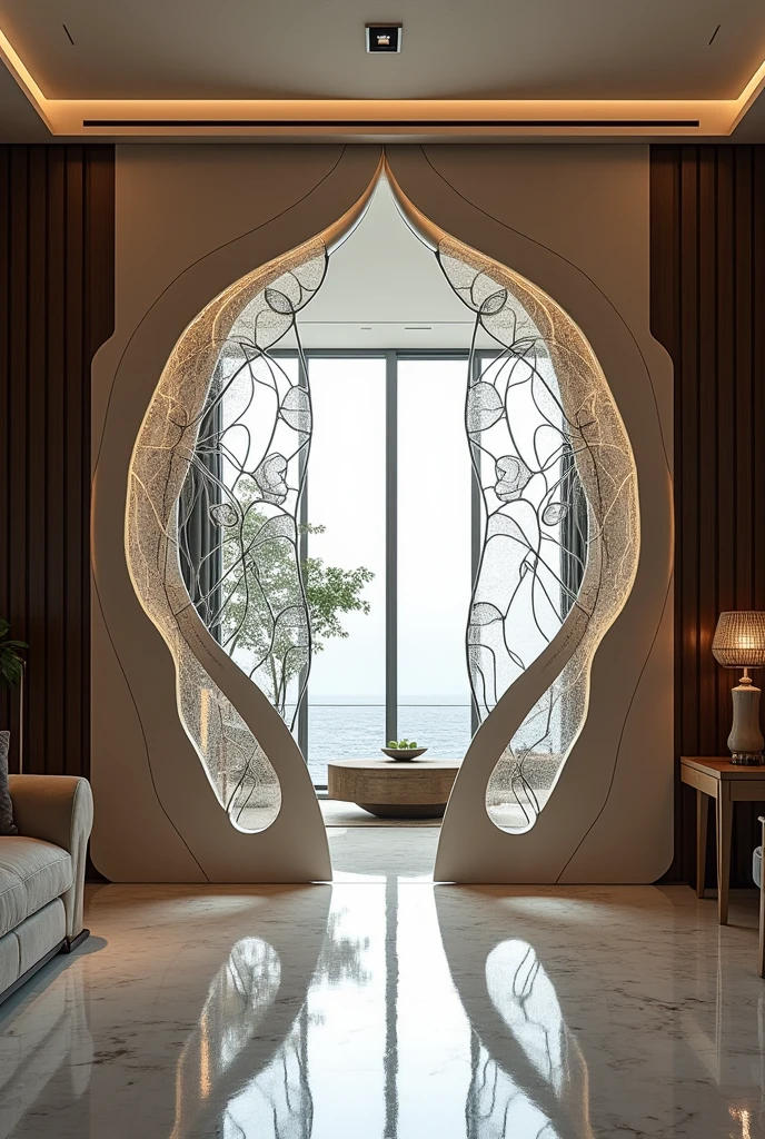 Artistic photographic image of a double-hinged door that divides a living room from a dining room, featuring an Art Nouveau style fused with modern parametric geometry. The design is heavily influenced by Zaha Hadid's architectural aesthetics. The door should have fluid, organic lines and a dynamic form, with intricate geometric patterns integrated into the design. Use materials like glass, polished steel, and high-gloss wood, reflecting the luxurious and futuristic qualities typical of Hadid's work. The setting should be a contemporary, minimalist interior that complements the door's bold design.