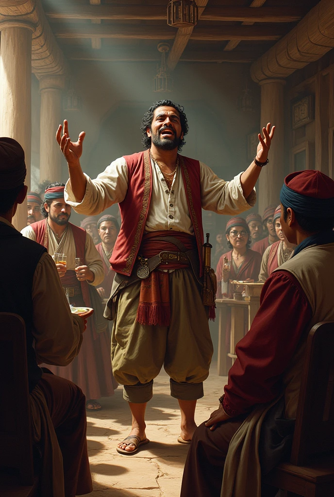 a rural Peruvian farmers tavern in 1810 with a speaker shouting and captivating people by what he expresses. People are native who are curious at the speaker and other ones just see from shadows or are sit and drinking