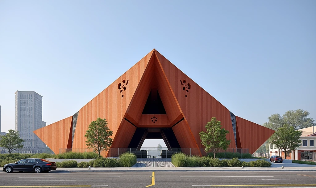 Futuristic design of office building, brick color, in a small town, cloudy weather, super realistic photo, high resolution