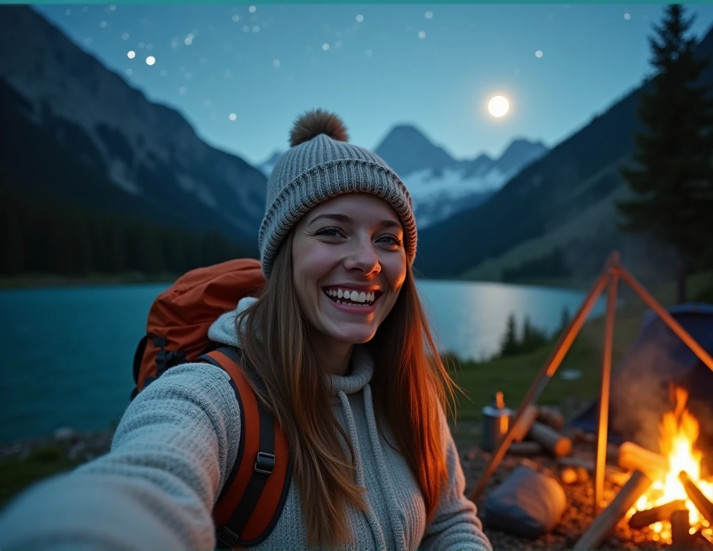 1 woman((upper body selfie, happy)), masterpiece, best quality, ultra-detailed, solo, outdoors, (night), mountains, nature, (stars, moon) cheerful, happy, backpack, sleeping bag, camping stove, water bottle, mountain boots, gloves, sweater, hat, flashlight, forest, rocks, river, wood, smoke, shadows, contrast, clear sky, analog style (look at viewer:1.2) (skin texture) (film grain:1.3), (warm hue, warm tone), Big boobs, Showing off big boobs