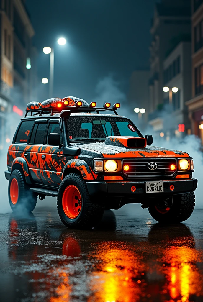 A Toyota landcruesa with  godzilla paint and  tint orange tyres high modified lights with tyres on a wet city with cold street lights popped smoke at  sides