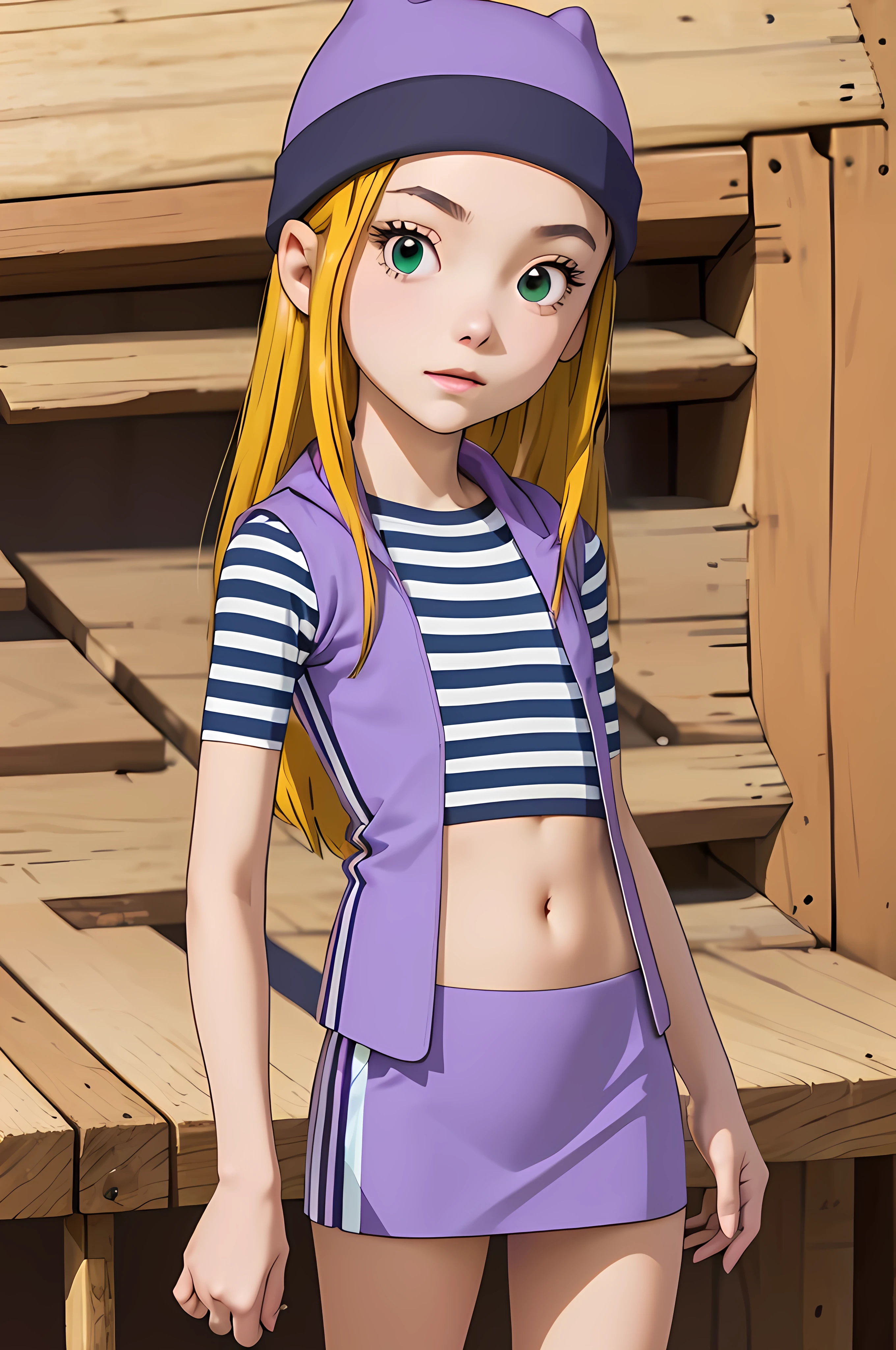 (masterpiece, best quality), 1girl, izumi Orimoto, perfect pretty face, green eyes, blonde hair, long hair, purple beanie, purple vest, purple miniskirt, blue white striped shirt, long purple socks, sneakers, purple vest, striped shirt, navel shirt