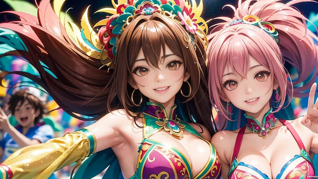 Masterpiece, super high quality anime style illustration, 8K, Samba Carnival in Rio de Janeiro. Very cute dancers 1, two cute girls, joyful smiles, highly detailed faces, brown eyes, pink lips, natural makeup, close-up of faces.