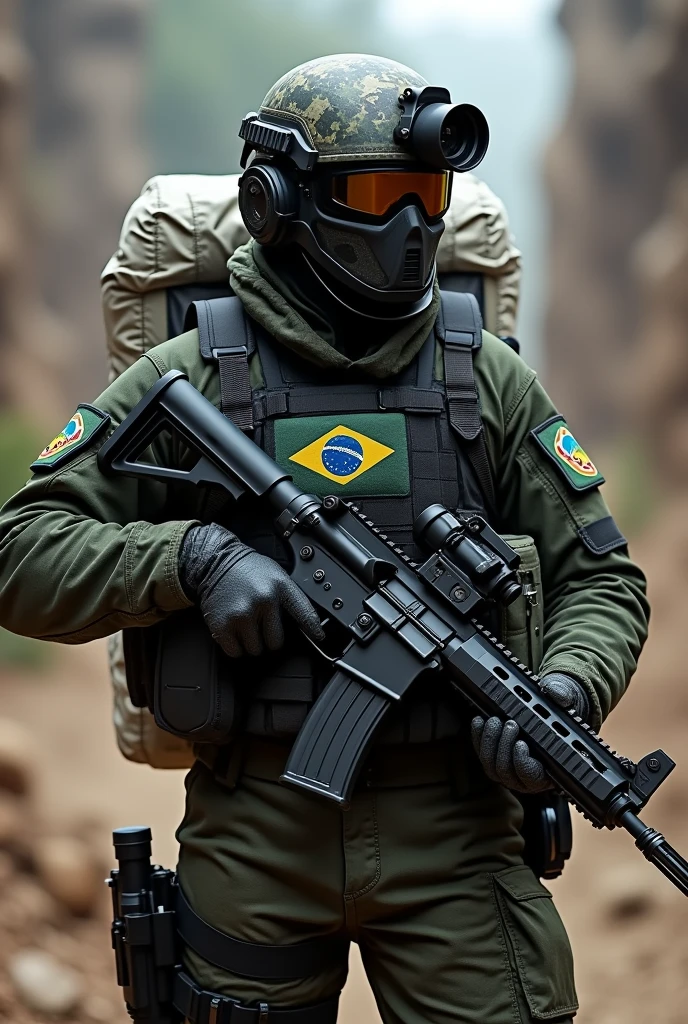 Create a soldier with the MK14 weapon wearing a camouflage helmet and a large thermal camera attached to the helmet. wearing a black and green camouflage vest with the Brazilian flag and a large white backpack on his back