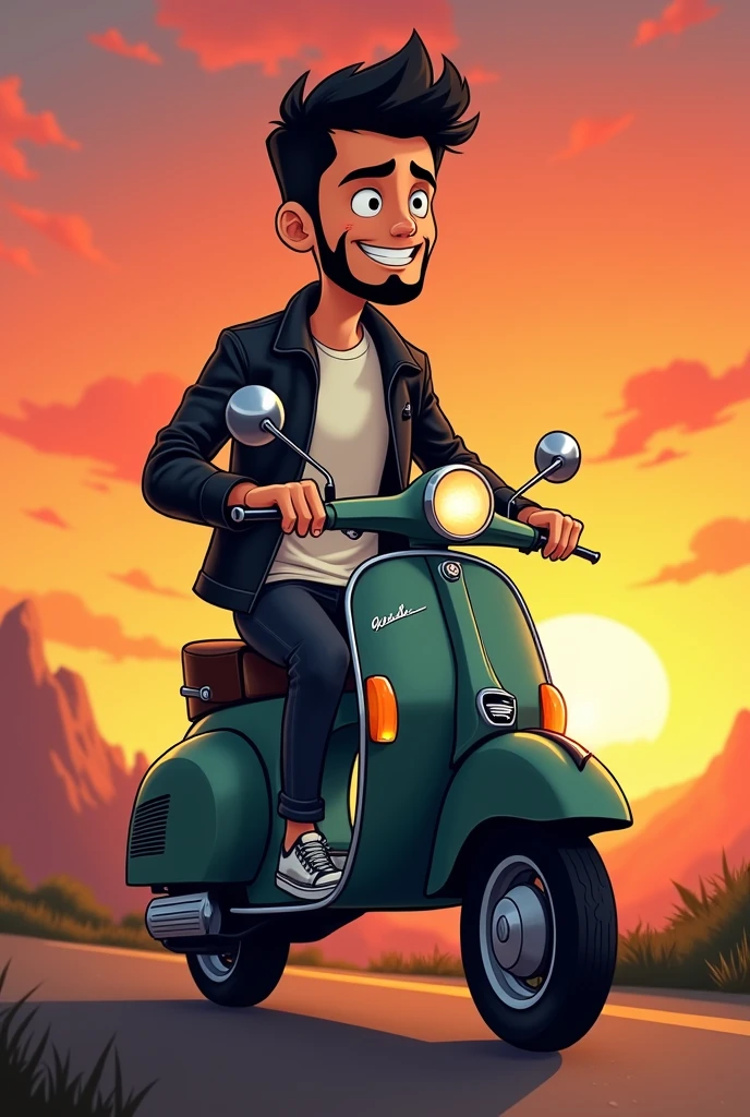 I want a picture of a cartoon-type boy on a classic dark green matte Vespa motorbike, the boy has a short black beard , thin eyebrows, black eyes, short black hair, square face, the photo in a background landscape with a sunset, Biker photo type the guy with a leather jacket and a white t-shirt inside, The black leather jacket half open revealing the t-shirt, black jeans and vans style shoes , the thin boy. He has black rings on both ring fingers of his hands.. 