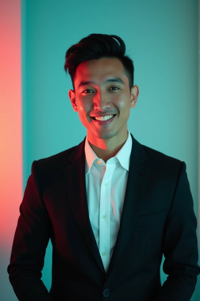 A young man with dark hair and a confident smile.He is dressed in a black blazer over a white shirt.The man is positiond against aqua colour backdrop with a subtle red lighting on the left side.and he posing for Linkedin profile