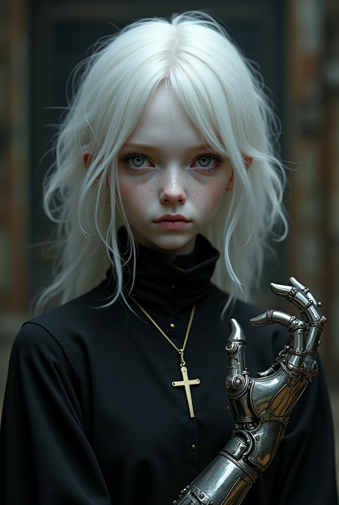 Middle Ages Albino, with white hair violet eyes soft freckles, you came in black with a cross necklace and a mechanical hand with steampunk technology