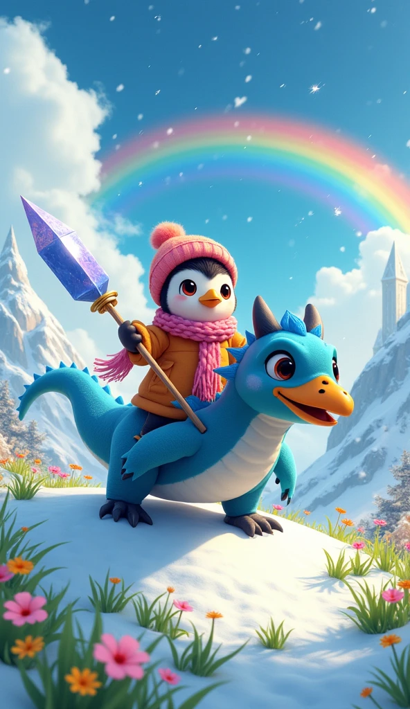 Ghibli Studio style, front view close-up of a cute penguin wearing a brightly colored fashionable winter jacket, scarf, beanie, and stylish sunglasses, holding a long crystal spear. The penguin rides a beautiful dragon that flies above a snow-dusted hill, bursting with patches of light green grass and colorful wildflowers. A heavy snowfall, a wide majestic rainbow behind amidst cloudy peaks with magic crystal citadel.
