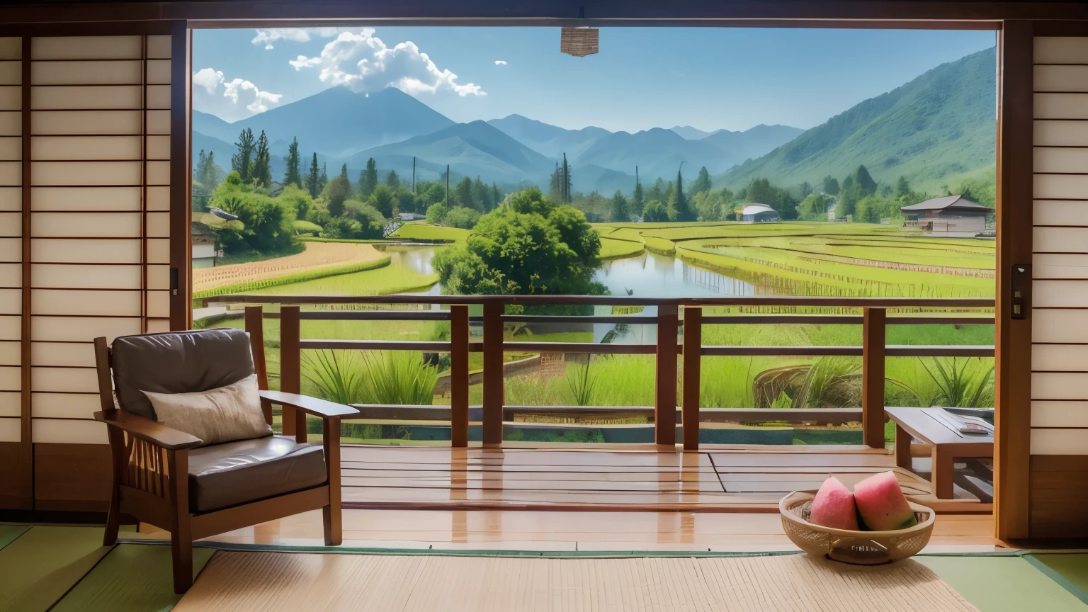 eal photo of summer scenery outside the window, rice fields and mountains in Japan. In front is an electric fan with watermelon on it. A wind chime hangs from one side of the blinds. The room has no furniture inside. ultra realistic, 8K, masterpiece. Sony FE f/2 lens, Nikon d850 camera style,