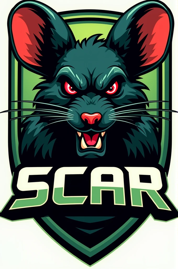 Create me an angry mouse logo for a sports team that has green and black borders and the mouse has red eyes and black fur and says scar in black and green 