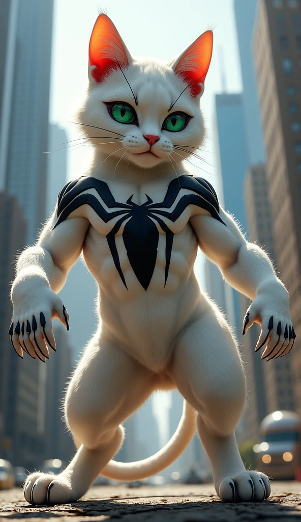 A sturdy white cat that looks like Spiderman 