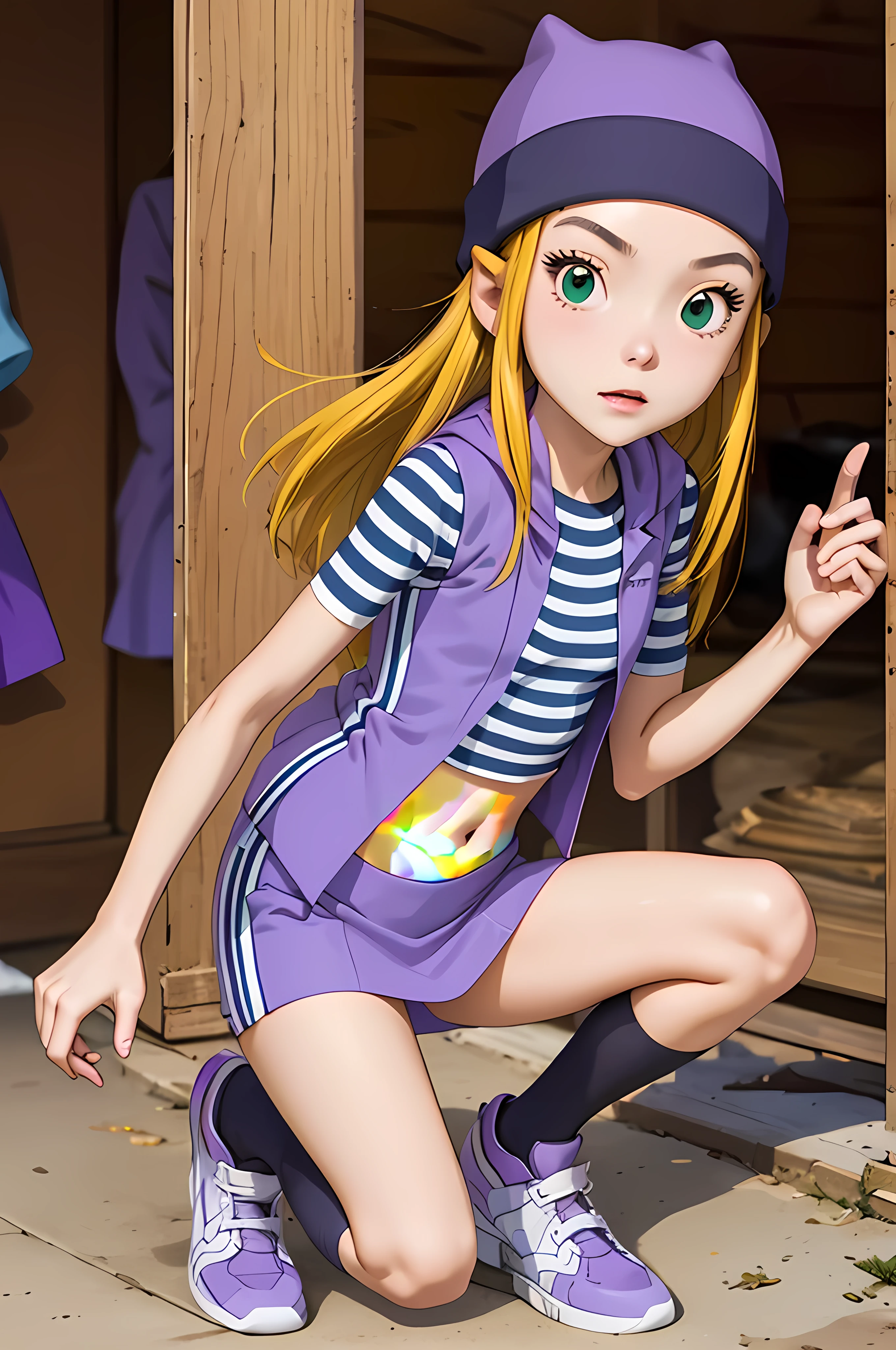 (masterpiece, best quality), 1girl, izumi Orimoto, perfect pretty face, green eyes, blonde hair, long hair, purple beanie, purple vest, purple miniskirt, blue white striped shirt, long purple socks, sneakers, purple vest, striped shirt, navel shirt