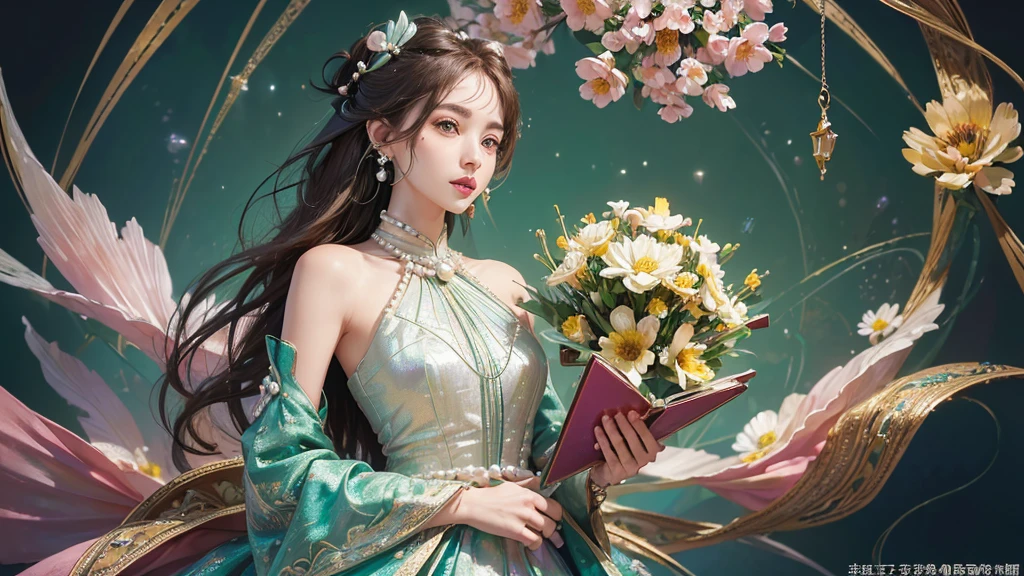32K, 最高quality, 最高masterpiece, (ultra-Detailed Background, Detailed Background), High resolution, Super detailed, Very detailedな, 1 personの, (bouquet:1.3), (Tangled:1.2), (Geometric:1.2),(colorful),(masterpiece, quality, best quality, Official Art, Beautiful and beautiful:1.2), (1 person:1.3), Very detailed,(colorful:1.1)(Flowers:1.3),Most detailed,(Tangled:1.2), whole body, (Abstract background:1.3), (Skin glows), (Many colors:1.4), ,(Earrings Pearl:1.5), Light green background, It's imaginative., Brunette Hair, Updo, Holding a book, Holding a pen, Satin shirt