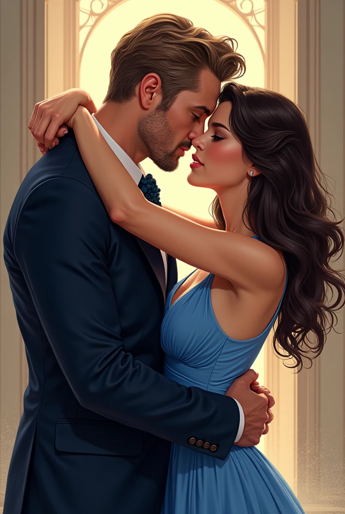 drawing of an illustration of a handsome man forty years old, powerful blue look and light brown hair similar to the character Tyler Rake, wearing a suit and a tie, looking like a Governor, hugging a beautiful twenty-year-old girl similar to the character Blair Waldorf, youthful face, Naive look, with dark hair and dark brown eyes wearing a blue dress. couple in love. he is kissing her.