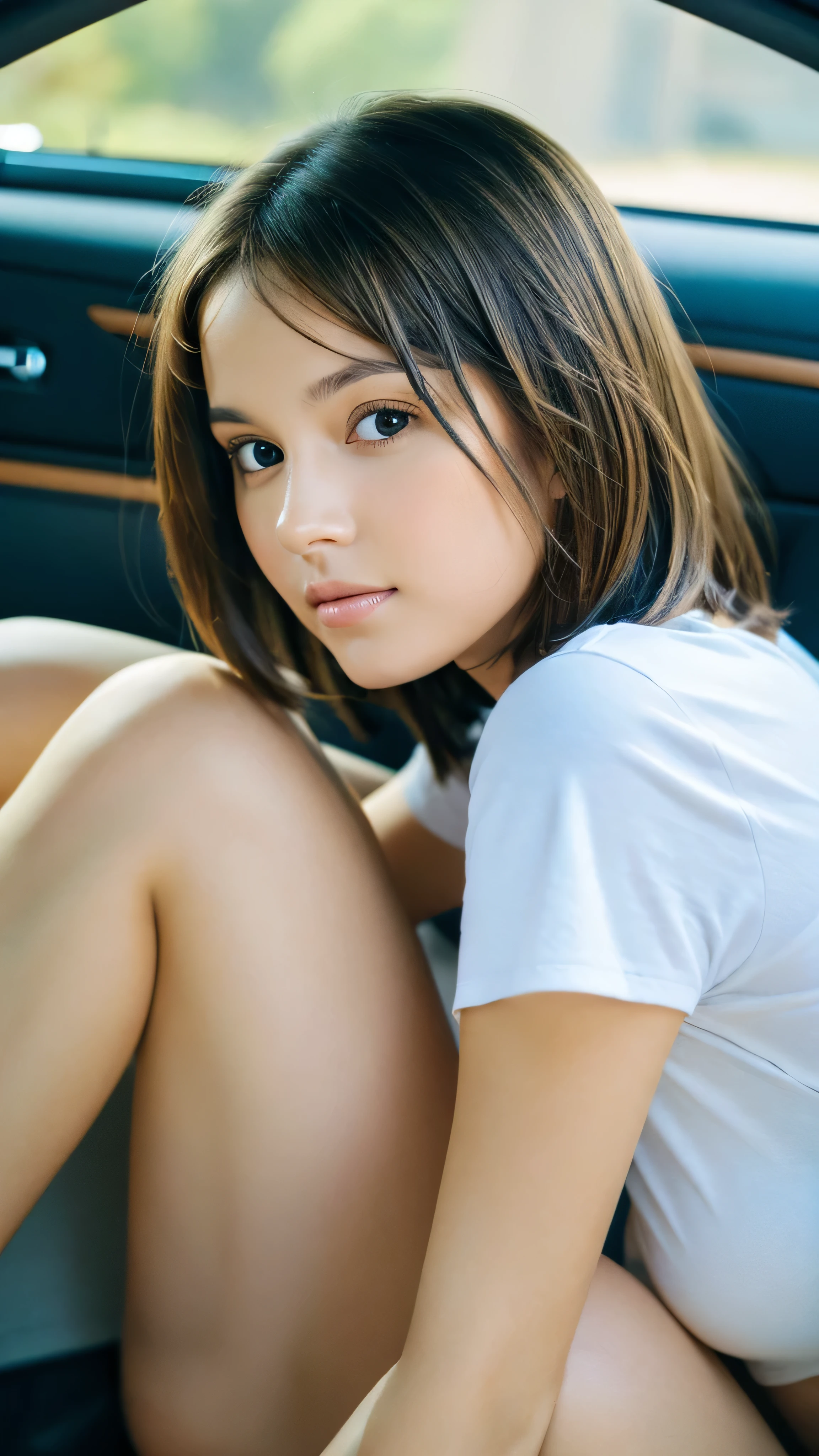 a white skinned girl, brown eyes and short brown hair sitting in the seat of a car