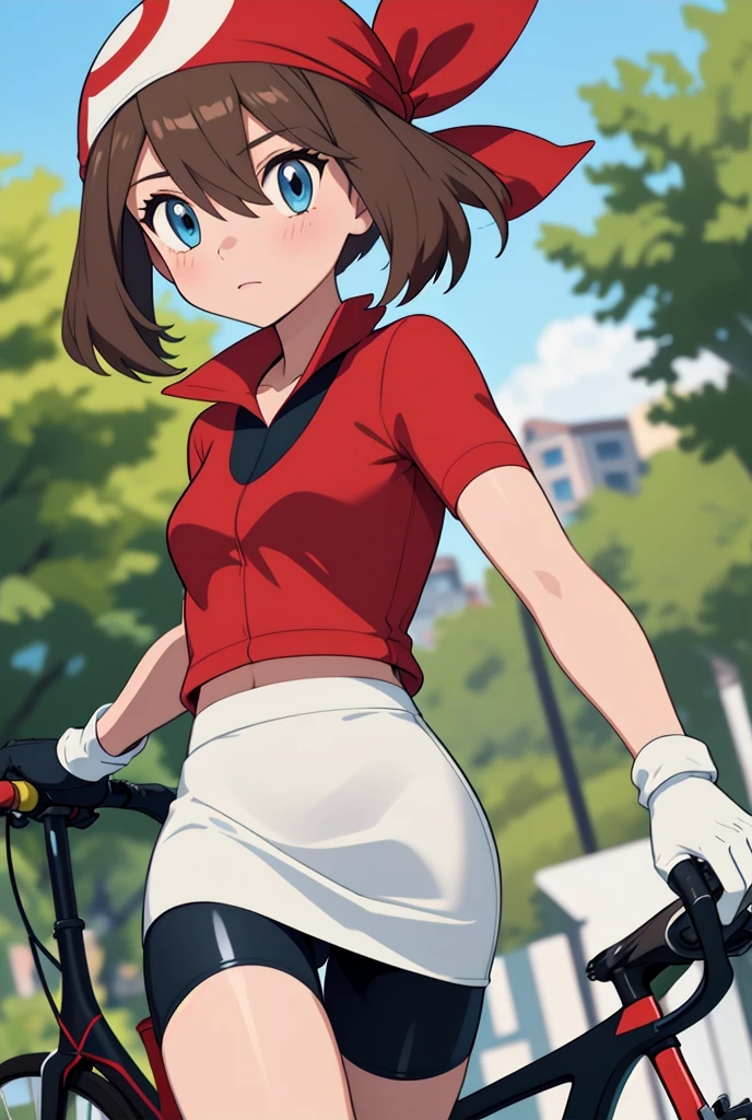 (masterpiece, best quality), 1girl, pkmnmay, 1girl, solo, blue eyes, brown hair, bangs, hair between eyes, red bandana,, short sleeves, red jacket, wing collar, white skirt, black shorts, bike shorts, bike shorts under skirt, white gloves, black gloves, two-tone gloves,