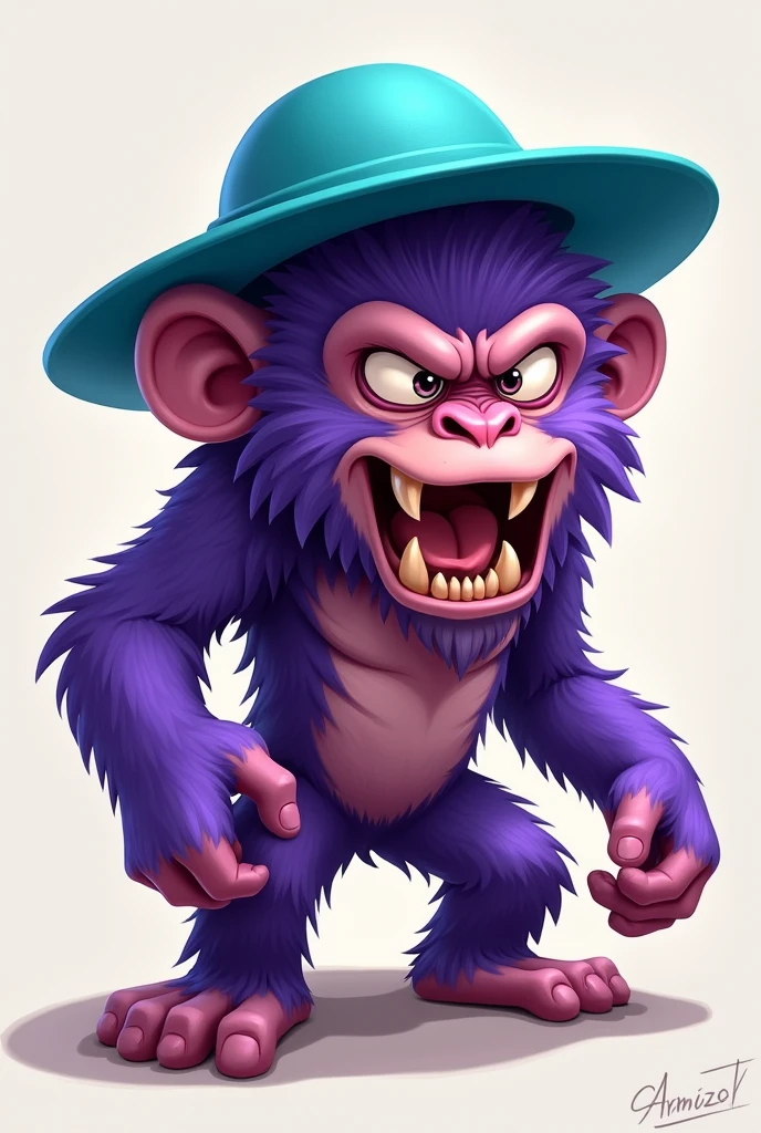 Angry purple monkey with cyan sunhat from gorilla tag with light backround shade