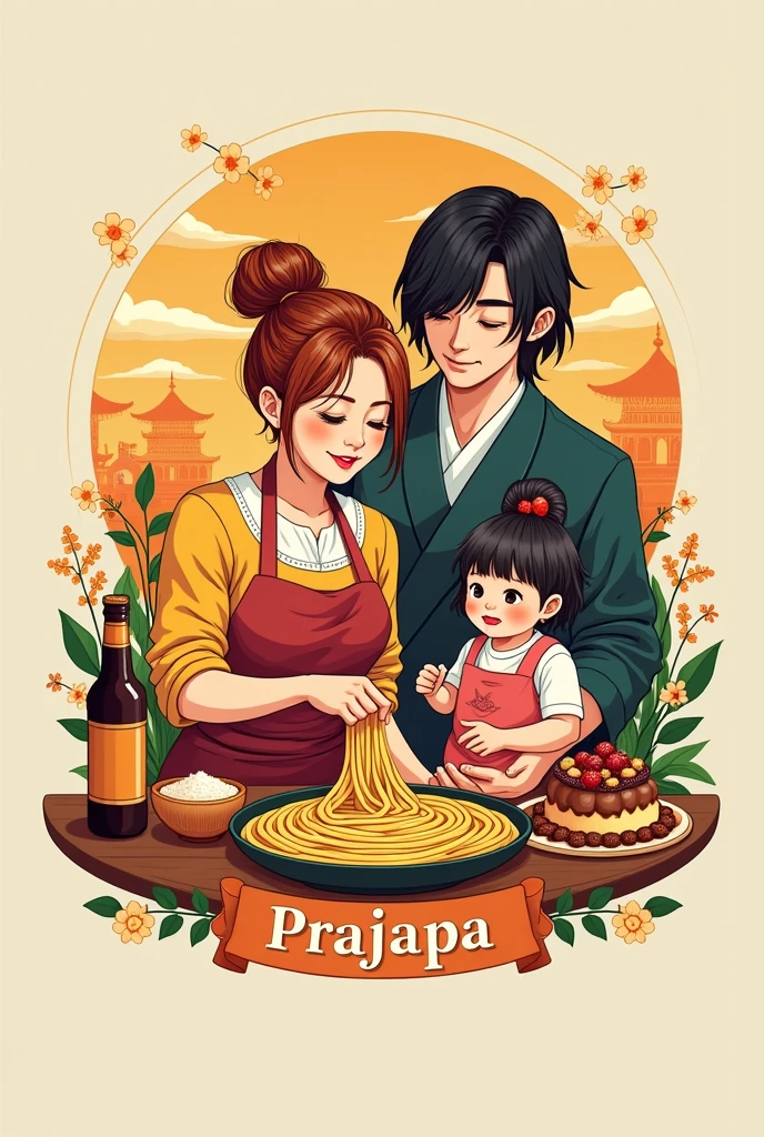 Create a logo with design references "One piece" for a restaurant with oriental characteristics, Italian Pastry Mass, Indian spices, Brazilian family, store name written "PraJapa" and a bottle of beer. Four characters: a woman with dark copper blonde hair tied up and amber eyes making pasta at a table, her husband a Japanese man with shoulder length black hair holding in his arms a black haired baby girl and a child with dark coppery blonde wavy hair