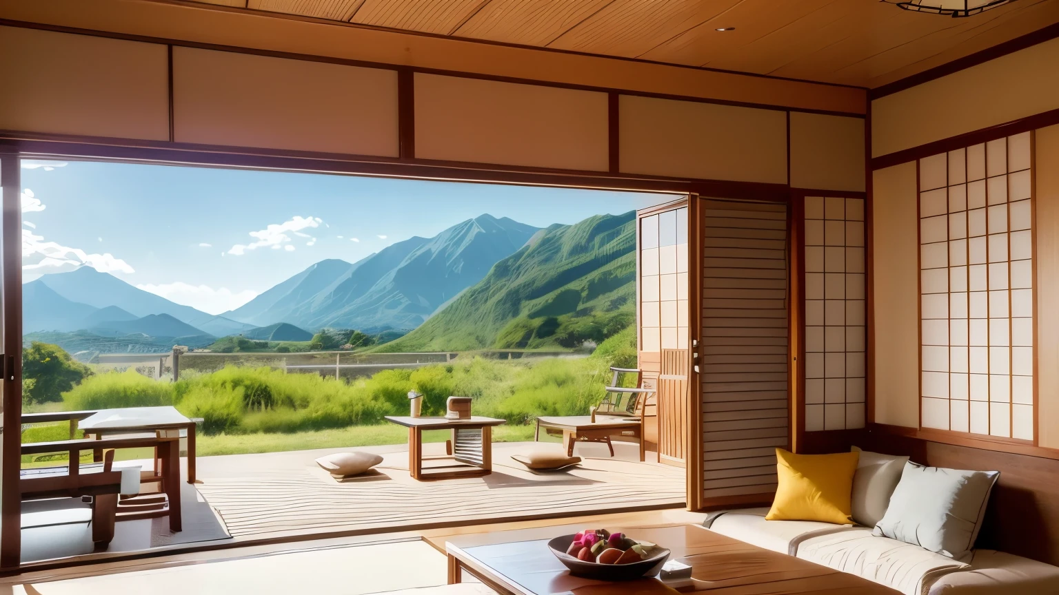 Outside the window in summer is a vivid landscape, Japanese rice fields and mountains. In the foreground is a Japanese table with a watermelon on it. A fan in the corner of the room. A wind chime hangs from one side of a Japanese blind. A cushion by the table. Ultra-realistic, 8K, masterpiece. Sony FE F2 lens, Nikon d850 camera style,