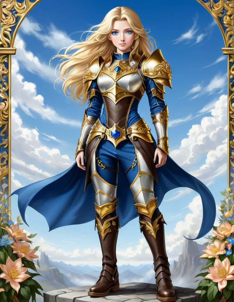 A full-length portrait of a young woman in anime style., with long, light blonde hair, framed by a white mantle adorned with gold details. He has deep blue eyes and wears blue armor with a gorget, pauldrons, bevor, breastplate, backplate, coudes, vambraces, gauntlets, faulds, cuisses, poleyns, greaves and sabatons, with intricate escarpments of leaves and flowers., and pieces of gold metal covering their shoulders and arms.. A dark brown leather belt with metal buckles secures his armor at his waist... He wears brown leather boots., Standing in a dynamic action pose. A cross-shaped pendant adorns his chest.. The background features a blue sky with fluffy clouds., highlighting its majestic and noble appearance, visible from head to toe.