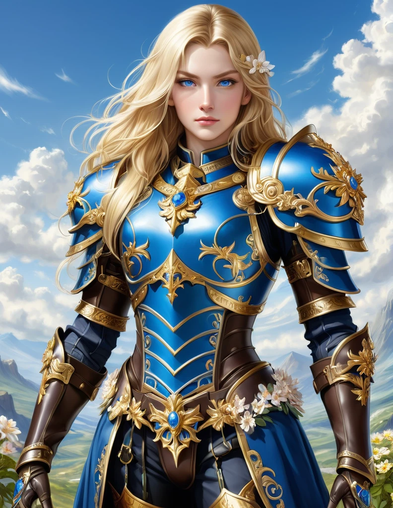 A full-length portrait of a young woman in anime style., with long, light blonde hair, framed by a white mantle adorned with gold details. He has deep blue eyes and wears blue armor with a gorget, pauldrons, bevor, breastplate, backplate, coudes, vambraces, gauntlets, faulds, cuisses, poleyns, greaves and sabatons, with intricate escarpments of leaves and flowers., and pieces of gold metal covering their shoulders and arms.. A dark brown leather belt with metal buckles secures his armor at his waist... He wears brown leather boots., Standing in a dynamic action pose. A cross-shaped pendant adorns his chest.. The background features a blue sky with fluffy clouds., highlighting its majestic and noble appearance, visible from head to toe.