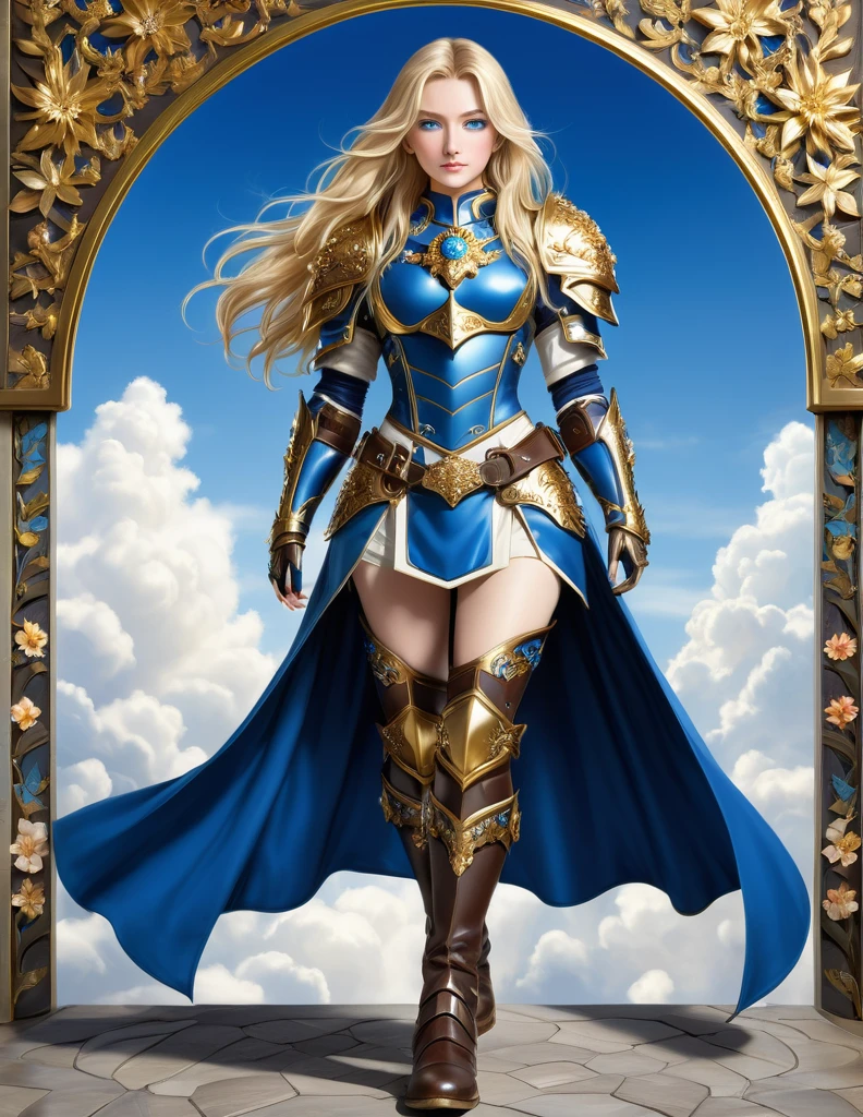 A full-length portrait of a young woman in anime style., with long, light blonde hair, framed by a white mantle adorned with gold details. He has deep blue eyes and wears blue armor with a gorget, pauldrons, bevor, breastplate, backplate, coudes, vambraces, gauntlets, faulds, cuisses, poleyns, greaves and sabatons, with intricate escarpments of leaves and flowers., and pieces of gold metal covering their shoulders and arms.. A dark brown leather belt with metal buckles secures his armor at his waist... He wears brown leather boots., Standing in a dynamic action pose. A cross-shaped pendant adorns his chest.. The background features a blue sky with fluffy clouds., highlighting its majestic and noble appearance, visible from head to toe.