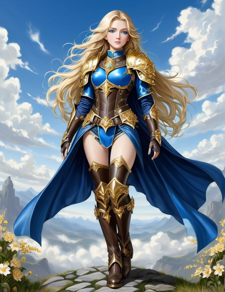 A full-length portrait of a young woman in anime style., with long, light blonde hair, framed by a white mantle adorned with gold details. He has deep blue eyes and wears blue armor with a gorget, pauldrons, bevor, breastplate, backplate, coudes, vambraces, gauntlets, faulds, cuisses, poleyns, greaves and sabatons, with intricate escarpments of leaves and flowers., and pieces of gold metal covering their shoulders and arms.. A dark brown leather belt with metal buckles secures his armor at his waist... He wears brown leather boots., Standing in a dynamic action pose. A cross-shaped pendant adorns his chest.. The background features a blue sky with fluffy clouds., highlighting its majestic and noble appearance, visible from head to toe.