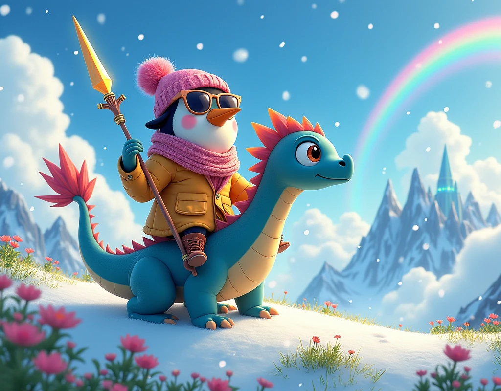 Ghibli Studio style, front view close-up of a cute penguin wearing a brightly colored fashionable winter jacket, scarf, beanie, and stylish sunglasses, holding a long crystal spear. The penguin rides a beautiful dragon that flies above a snow-dusted hill, bursting with patches of light green grass and colorful wildflowers. A heavy snowfall, a wide majestic rainbow behind amidst cloudy peaks with magic crystal citadel.
