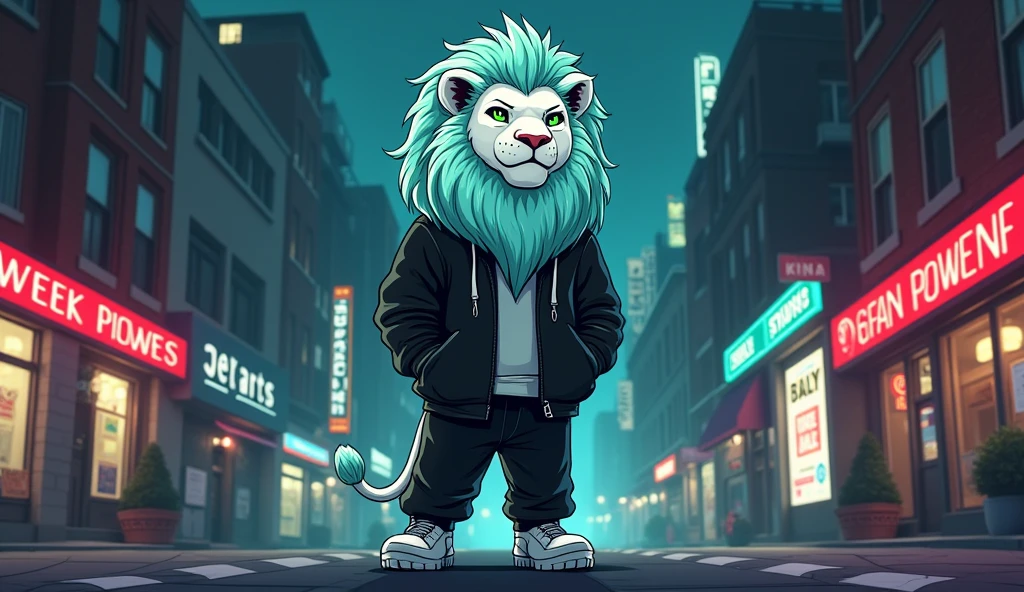 White lion with aquamarine green mane and aquamarine green eyes in a cartoon style, dressed in a black jacket and black pants, looking like a rapper standing on two legs on the street at night with an urban background that gets publicity..