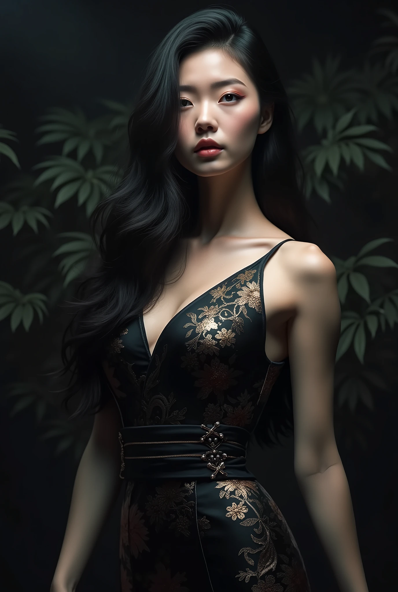 dark techno, cyberpunk,「Realistic image of a Asia Model She is elegant, pale, Perfect and long skin, Flowing black hair that blends with the surrounding shadows. Her kimono is exquisite and meticulous down to the last detail.., dark, Relaxing dark blue and black tones, Exquisitely decorated, Negative patterns that indicate a connection to the supernatural.