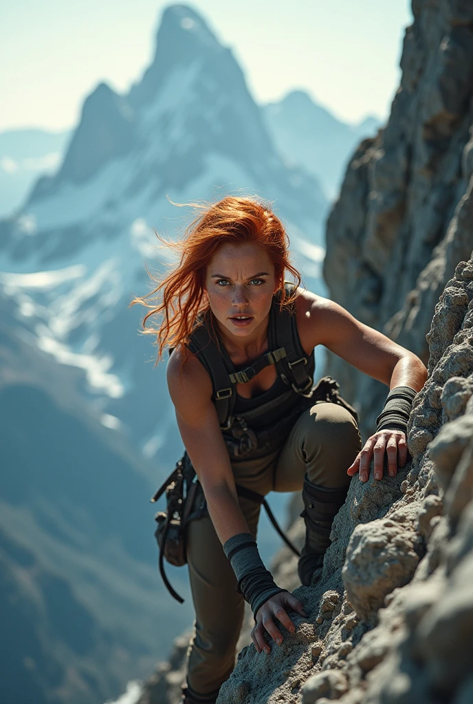 redhead woman, climbing outfit, climbing on mountains, closeup, (muddy:0.6), shallow depth of field, highly detailed, high budget Hollywood film, bokeh, cinemascope, epic, gorgeous, film grain
