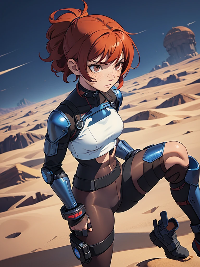 (masterpiece), (best quality), ((one girl)),alone, red hair,((brown eyes)),short curly hair, anime style, freckles, (small breast) (petite figure), blue and black cyberpunk outfit, leggings, knee pads, battle outfit, legs((desert background))