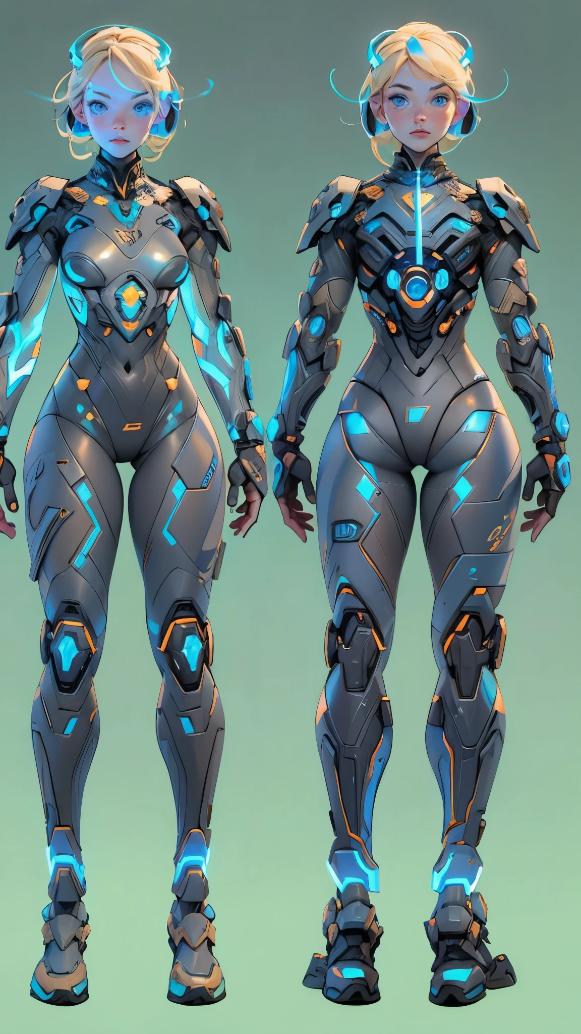 (Charactersheet:0.4), 8k, highres, envision a realistic intricate full body character design that is high quality and detailed of a small, short beautiful English girl named Amelia Watson with medium long blonde hair, and bright blue eyes wearing a cybernetic Nano suit made of a mysterious element with glowing nodes and a visor display over her eyes against a dark gray background