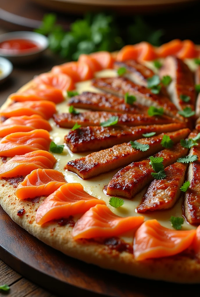 A very large pizza with lots of mozzarella, edge made of salmon sushi and in the center of the pizza a quantity of barbecue meat preferably coupon and also barbecue chicken and barbecue cheese