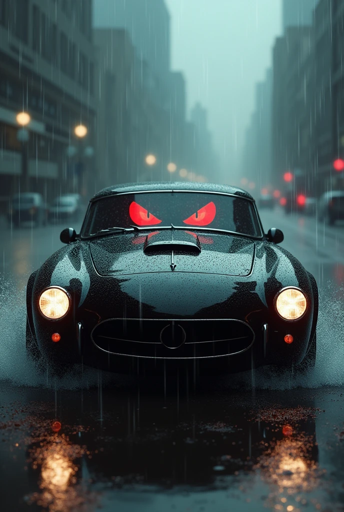 A black car with red eyes in driving in rain